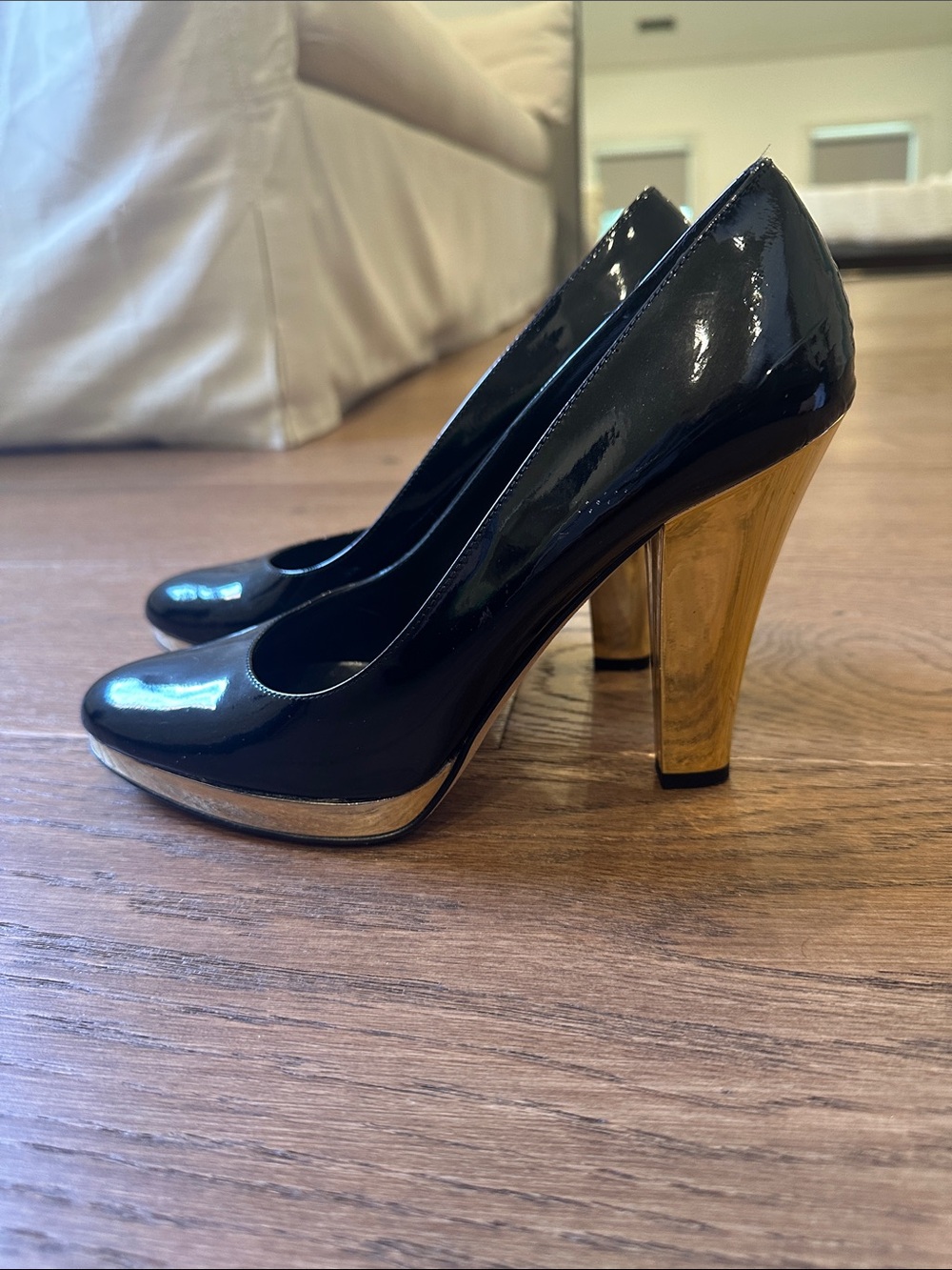 Michael Kors Black Patent Pumps with Gold Block Heel